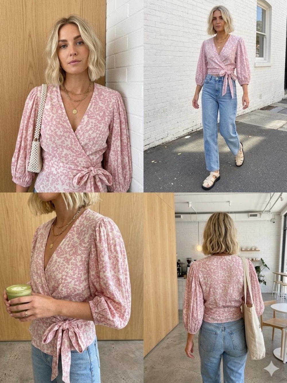 GANNI Pink & Ivory Floral Viscose Wrap Blouse Puff Sleeve Sz 38 / US 6 M